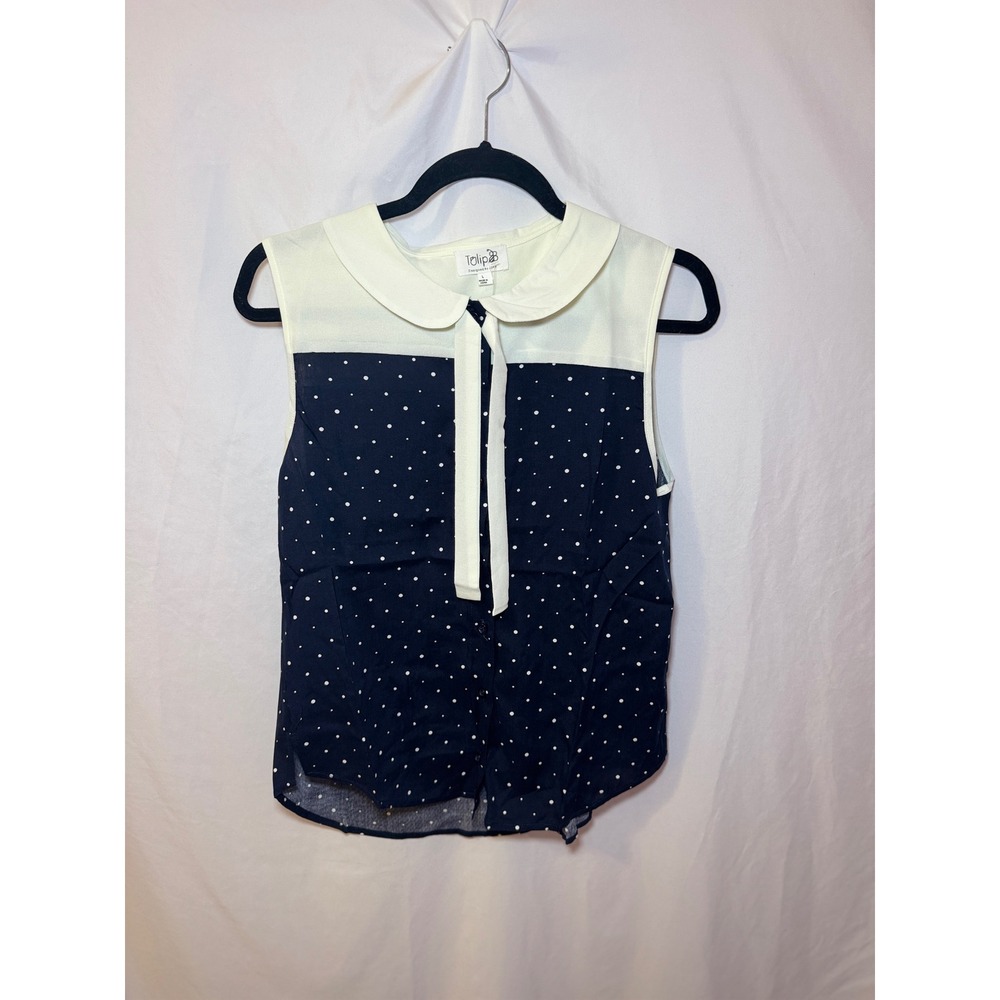 Navy Polka Dot Peter Pan Collar Top L Mod Coquette Vintage Style Tulip B NWT